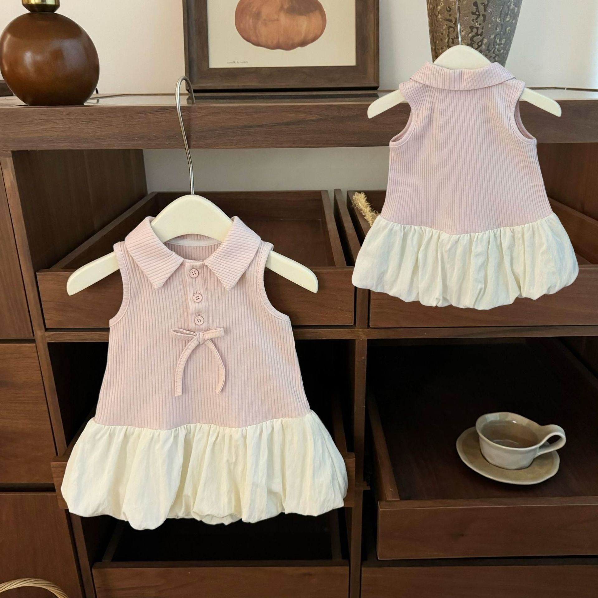 Girls Pink Polo Collar Flower Bud Dress Summer 2026 New Kidsren's Summer Sweet Bean Vest Princess Skirt