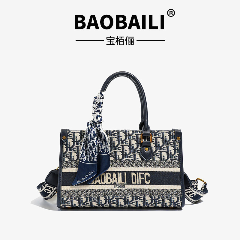 跨境复古刺绣包女2025新款简约大容量手提托特包流行单肩斜挎包