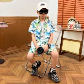 男童夏季套装洋气儿童沙滩短袖花衬衫2024新款时髦宝宝炸街薄衣服