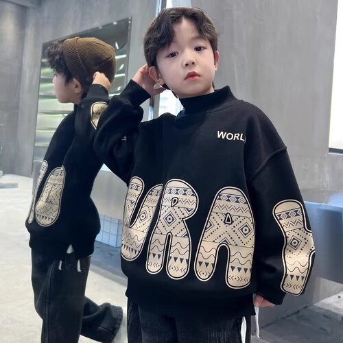 Boys' Padded Crew Neck Sweatshirt Half High Collar Autumn/Winter 2024 New Arrival Large Children Winter One-piece Fleece Thick Top Stylish Trendy