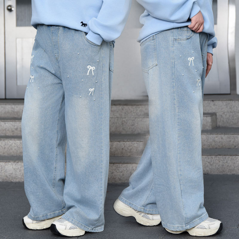 Children's Loose Wide-Leg Jeans with Cartoon Embroidery, Washed Casual Pants, Versatile Trendy Style