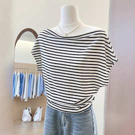 广州十三行高货爆款~条纹斜肩一字领针织女夏不规则收腰短袖t恤薄
