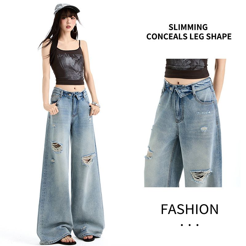 Ripped Jeans for Women, High-Waisted, Loose Fit, Flattering for Pear-Shaped Body, Summer Style, Petite, Distressed Wide-Leg Floor-Length Pants Ripped Jeans for Women, High-Waisted, Loose Fit, Flattering for Pear-Shaped Body, Summer Style, Petite, Distressed Wide-Leg Floor-Length Pants