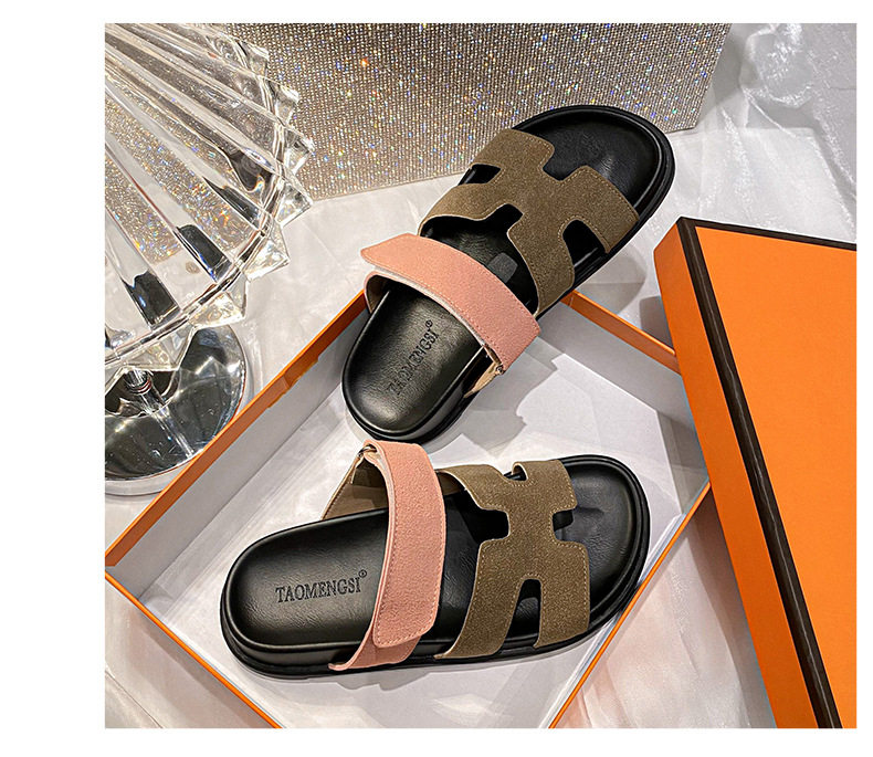 Dép sandal nữ quai ngang xỏ ngón đế dày, khóa dán tiện lợi, đi ngoài mùa hè — Màu trắng, Màu đen, Xanh denim phối nâu, Xanh mực ghép Hồng chi tiết 38