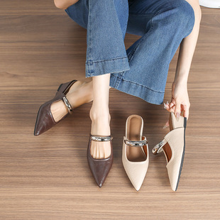 Baotou Half Slippers for Women 2025 Summer Metal Popular Style Slip-On Half Slippers Flats Wedge Heel Muqin Sandals