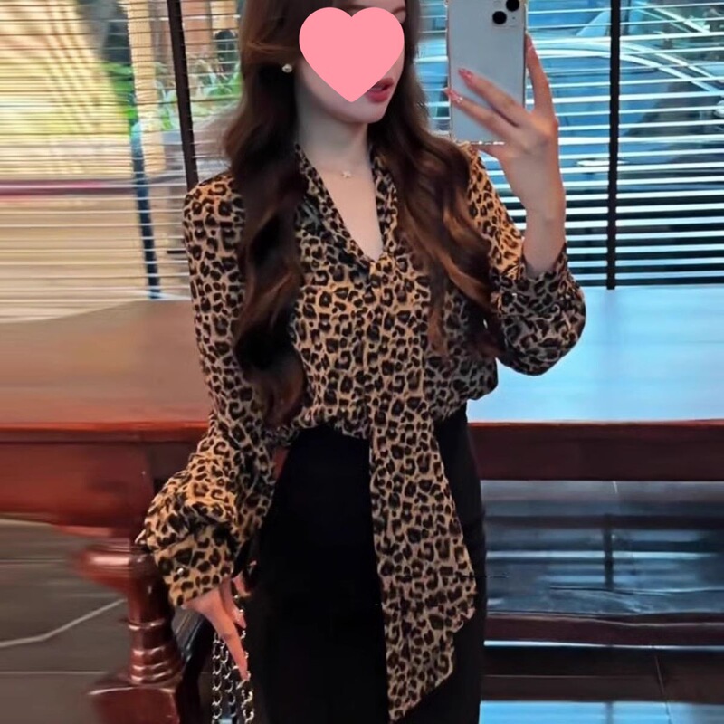 French Retro Leopard Print Tie Shirt New Women's Shirt Loose Top Leopard Print Chiffon Shirt for Women