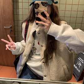 格子毛毛马甲外套2024新款秋冬宽松拼接羊羔毛休闲外套图片色氨纶