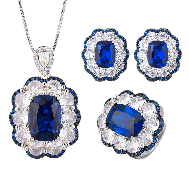 Zhuang sheng joyas cobre inferior chapado en oro conjunto de joyas simulación azul señaló cristal avanzado retro conjunto femenino 10*14-8*10