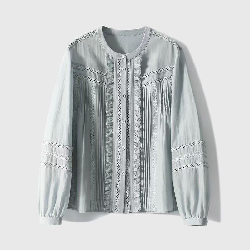 French-Style Heavy-Duty Three-Dimensional Pleats! Designer Mulberry Silk Cotton Ruffled Striped Shirt Top French-Style Heavy-Duty Three-Dimensional Pleats! Designer Mulberry Silk Cotton Ruffled Striped Shirt Top