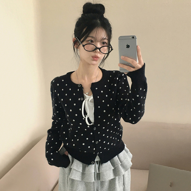 外贸新款韩系休闲波点设计撞色甜美少女开衫外套气质日常百搭上衣|undefined