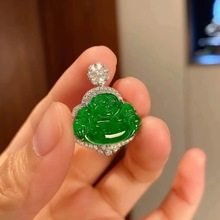 天然缅甸冰种满绿佛公翡翠吊坠老坑a货弥勒佛笑佛金镶嵌玉坠子