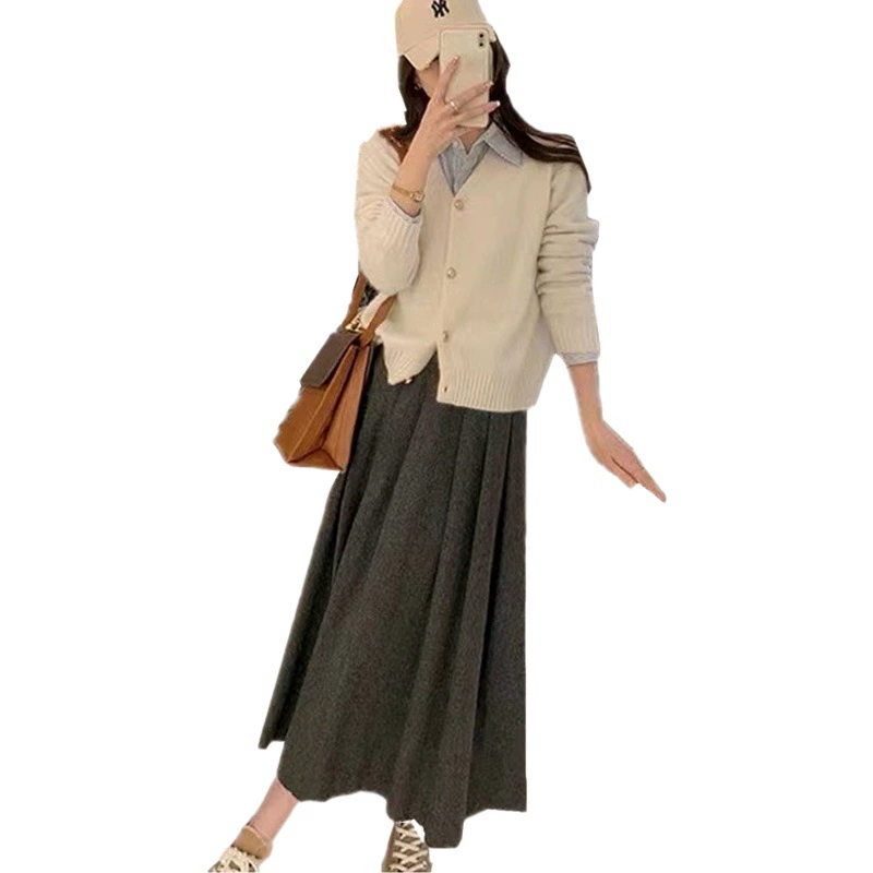 Шерстяная плиссированная юбка-миди 2024 для женщин, новая осенняя модель с высокой талией, облегающая, расклешенная, полуюбка
