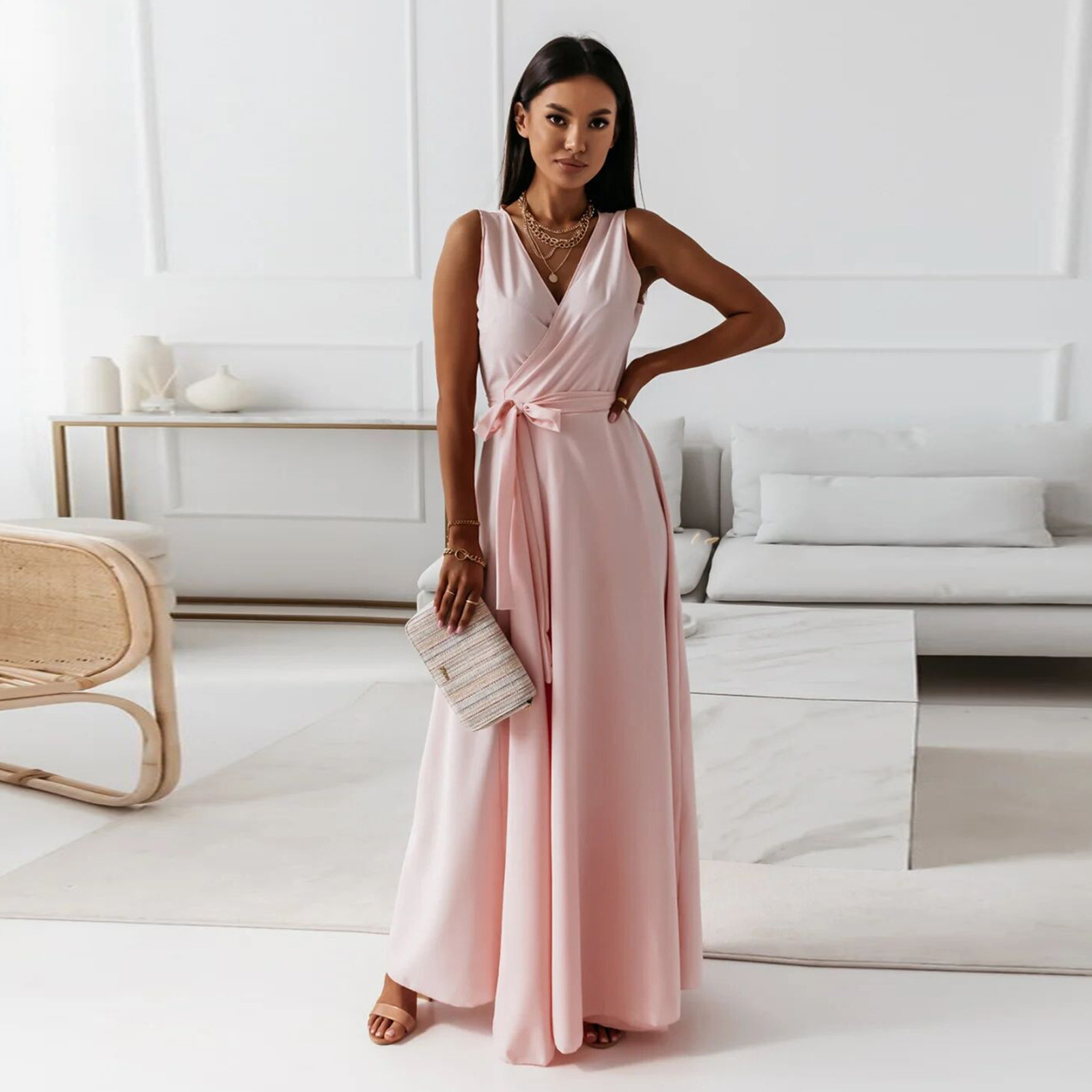 2025 Independent Station European And American Cro-Border Spring Summer New Women's Solid Color V-Neck Long_ecoleips.com