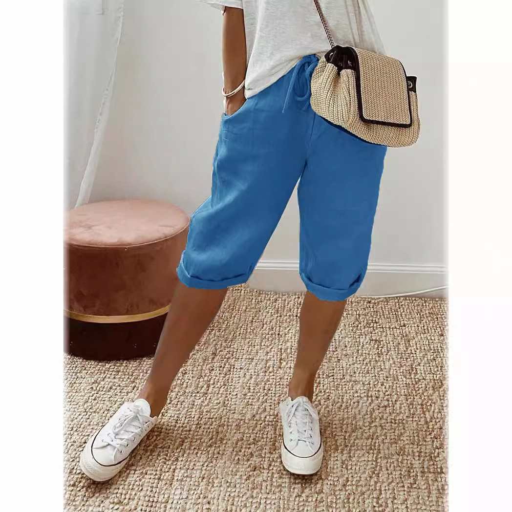 Women's Cotton Linen Casual Pants With Pockets Elastic Waist Five Point Khaki Style_ecoleips.com