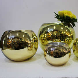 金色圆球形玻璃花瓶简约现代客厅水培插花器银色软装家居装饰摆件