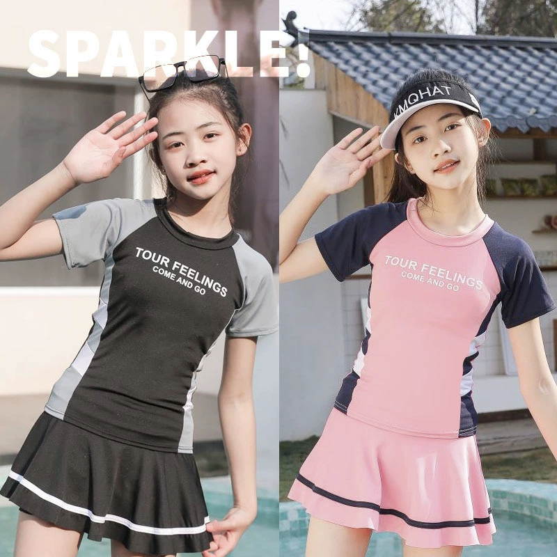 Купальник для девочек Спортивный шить с коротким рукавом для защиты от солнца Купальник для детей среднего и большого размера с нагрудной подкладкой Детский Быстросохнущий студенческий купальник