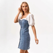 跨境欧美2025夏季热销露肩修身俄罗斯短款女装牛仔连衣裙时尚外贸