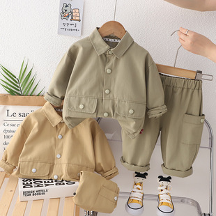 Children's Boys' Workwear suit Autumn Clothes Children's Solid Color Lapel Single-breasted Long-sleeved Cardigan Casual Wear Two-piece Set