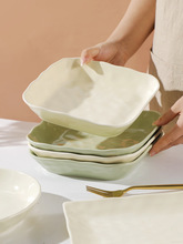 陶瓷盘子菜盘家用创意奶油风奶白色餐具石头纹圆盘方盘饭盘可微波