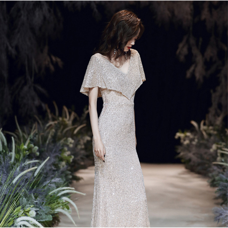 Champagne-Colored Evening Gown with Sequins, 2026 New Summer Style, Elegant Long Mermaid Dress, Annual Meeting Host Dress