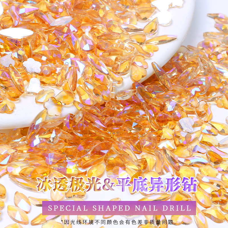 Super Flash Magic Aurora Ice Champagne Gold nail Diamond Manicura en línea popular en forma especial mezclado diamante plano de lujo ligero