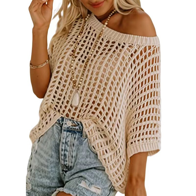 Amazon Independent Station Europe and the United States Cross-border Foreign Trade 2025 Spring and Summer Crewneck Sweater Casual Knitted Hollow Sunscreen Top