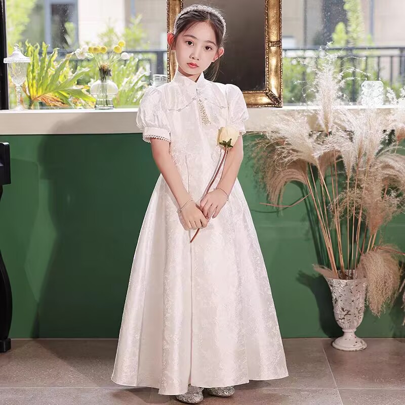 女童礼服2025新款花童婚礼白色高端公主裙儿童小主持人钢琴演出服