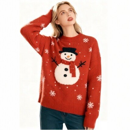 European and American Style Christmas Snowman Jacquard Sweater for Women, Autumn and Winter Loose Pullover Knitwear, Red Festive Casual Top European and American Style Christmas Snowman Jacquard Sweater for Women, Autumn and Winter Loose Pullover Knitwear, Red Festive Casual Top