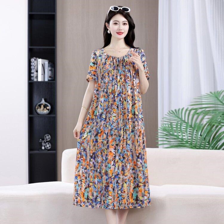 [High-End Version] New Summer Dress for Women, Short-Sleeved, Thin, Plus Size, Loose and Breathable, Suitable for Wearing Outside, Long Dress