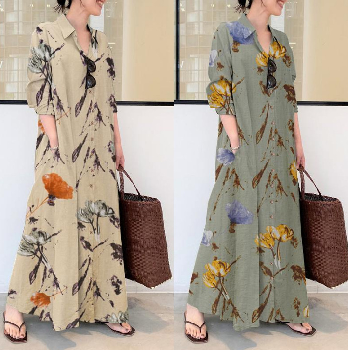 In-Stock 2022 Cotton-Linen Floral Patterned Turn-Down Collar Long-Sleeve Pocketed Loose Casual Long Cardigan Dress with a Stylish Commute Look