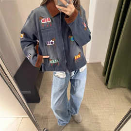 法式休闲外套女薄款秋冬款复古套索马图案刺绣水洗蓝工装夹克复古