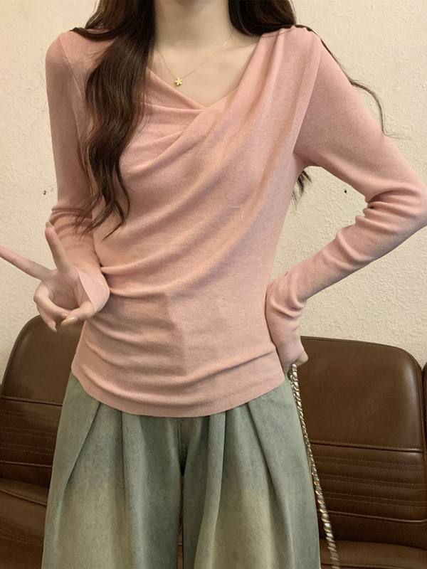 法式别致荡领扭褶斜领显瘦长袖针织衫女初秋温柔风韩系设计感上衣|undefined