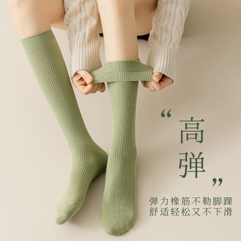 女性用秋用カジュアルソックス、吸汗防臭、二本針縦縞ハイソックス、通気性のあるロングソックス、卸売|undefined