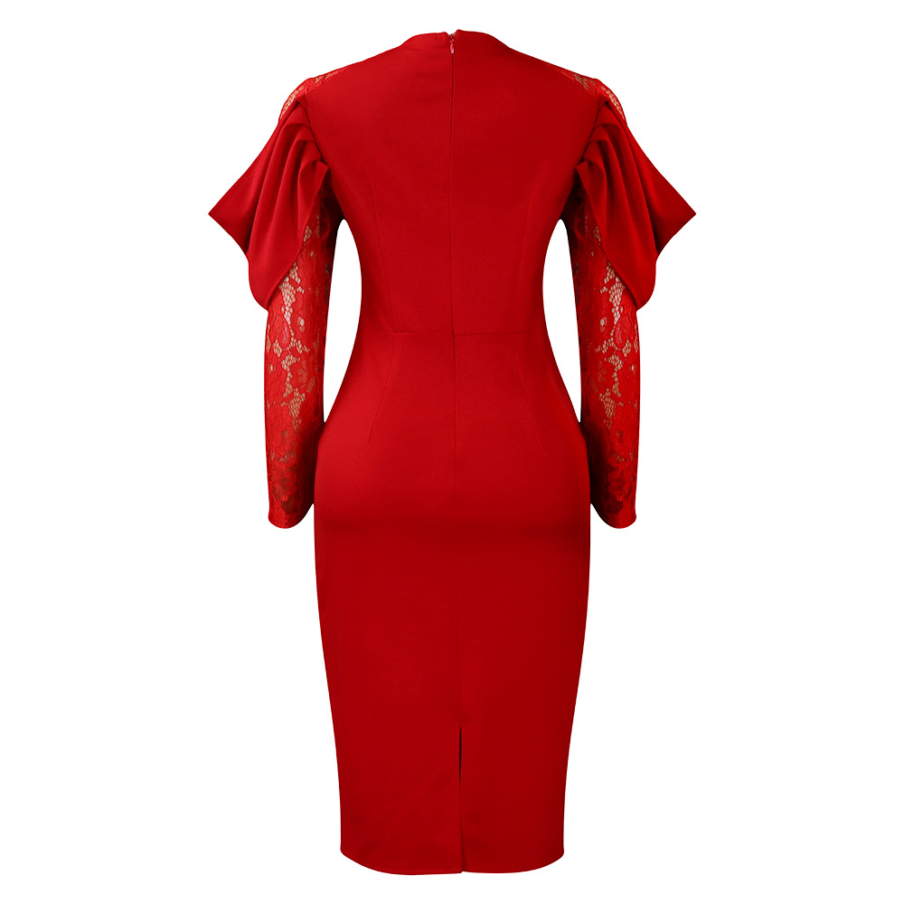 Women's Sheath Dress Elegant Round Neck Lace Long Sleeve Solid Color Knee-Length Holiday Daily display picture 26