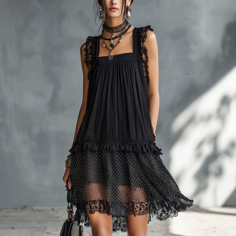2026 European and American Style Independent Brand Sleeveless Black Lace Patchwork Dress, Fashionable and Sexy Round Neck Short Dress, Women's Clothing 2026 European and American Style Independent Brand Sleeveless Black Lace Patchwork Dress, Fashionable and Sexy Round Neck Short Dress, Women's Clothing