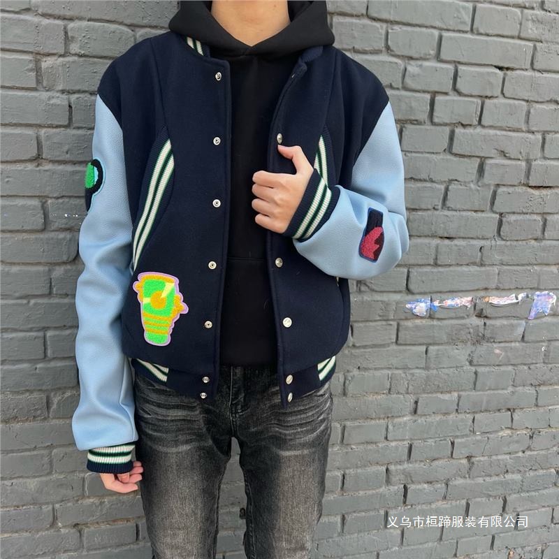 网红同款Kiko蓝袖Pu拼接徽章美式棒球服夹克男女Cleanfit潮牌外套