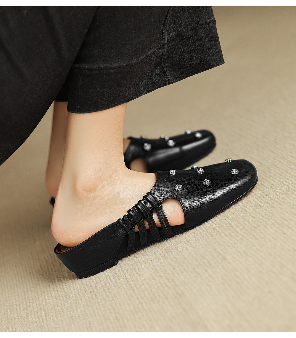 Dép sandal nữ quai chữ V mũi hoa, gót xuồng da dê, đế bệt thoải mái — đen chi tiết 18