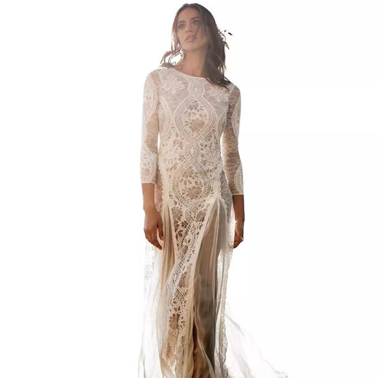 European and American Women's Dress Round Neck Long Sleeve Hollow Backless Lace Celebrity Banquet Wedding Dress