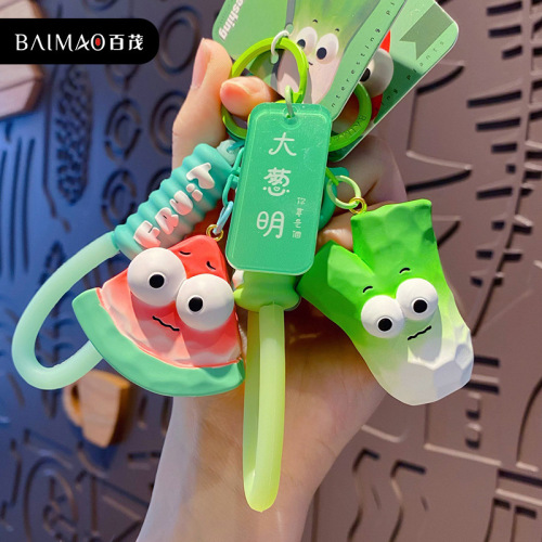 Baimao original wood carving style fruit and vegetable series key chain creative funny eye-catching watermelon green onion key chain bag pendant