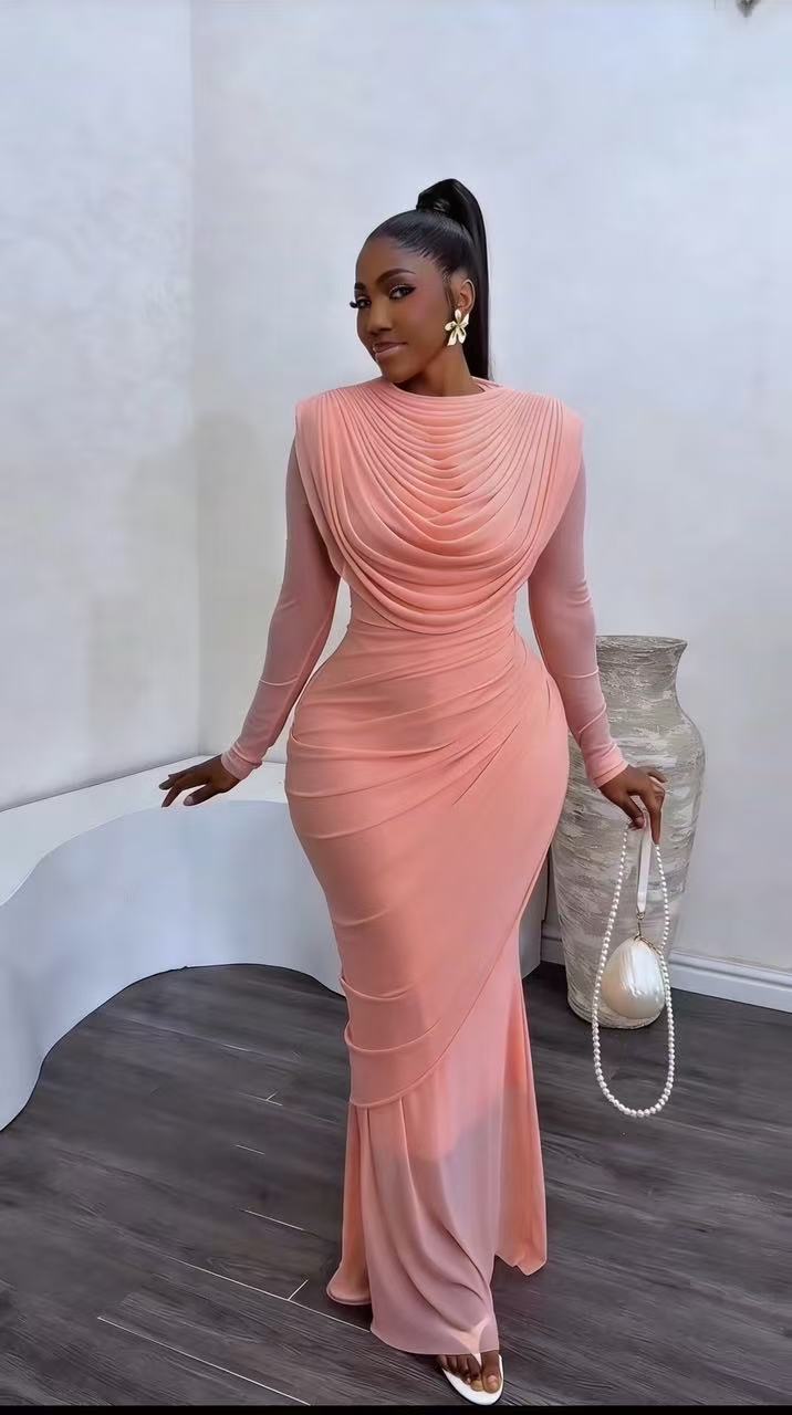 Elegant Mesh Draped Bodycon Midi Dress For Parties & Evening Events | Flattering High-Waist Design With Long Sleeves | Women's Fashion Cocktail Dress_ecoleips.com