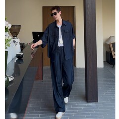 氷糸のごろつきのかっこいいシャツの紳士服のスーツのファッションのゆったりしている柔らかいデニムのスーツの夏の薄いタイプの半袖の2つのセット
