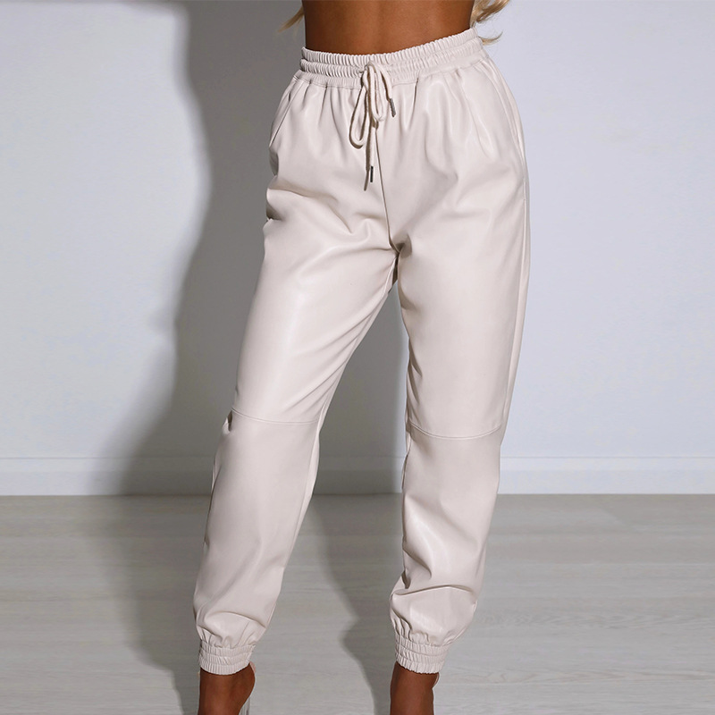 Pantalones harén de color sólido de cintura alta informales que combinan con todo con cintura elástica NSONF136832