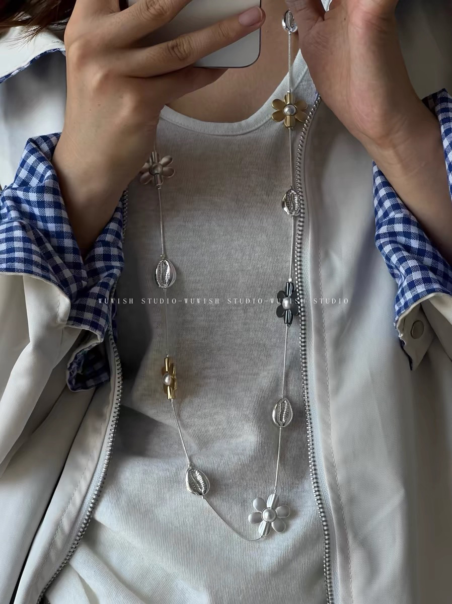 55g Weight Electroplated Gold Plating Process Golden Plated Plating Material Alloy Pendant Material Long Necklace Classification Alloy Chain Material Alloy Material Flower Pattern Trendy Bohemian Floral Metal Long Necklace Sweater Chain Waist Chain Color Block Design Elegant Unisex Jewelry Accessory 4