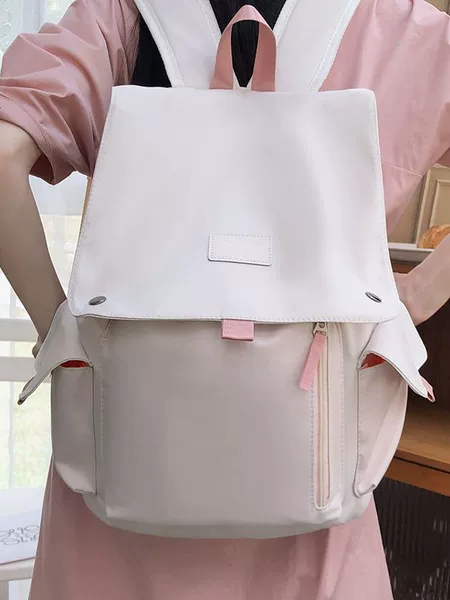 Large-capacity flip-top backpack for women, Korean style, trendy color-block design, suitable for students in middle and high school, simple and versatile for commuting and carrying a laptop