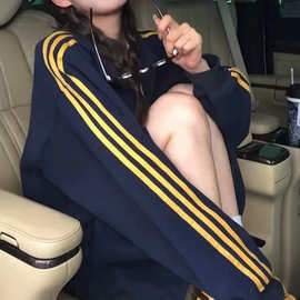 藏青色三条杠外套女休闲运动秋冬季2026新款加绒立领开衫拉链卫衣