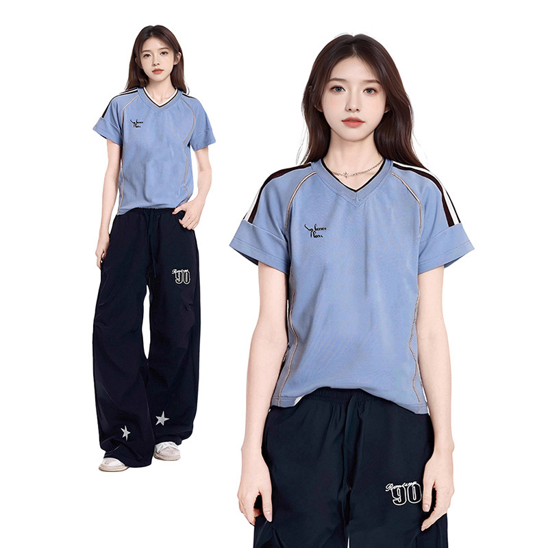 American Blue V-Neck Raglan Right Shoulder Short-Sleeved T-Shirt Women's Summer High-End Sports Jersey Half-Sleeved Design Top