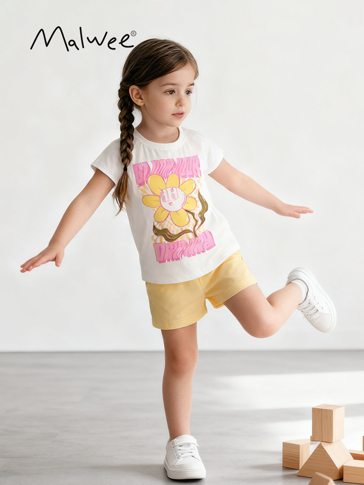 Trajes de niñas malwee transfronterizos, ropa de verano, nueva camiseta de cuello redondo para niñas lindas, juegos de dos piezas para niños europeos y estadounidenses