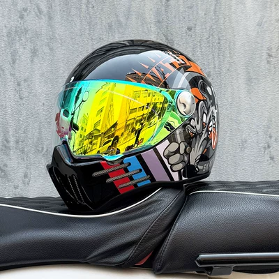 Heavy Motorcycles, Ghost Skull Rider, with, Motosiklet kaskı (dəbilqə) - bright-blackforward-with-colorful-gold-and-purple-night-vision-transparent-mirror-included-m