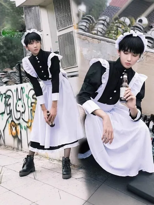 Уборная платье унисекс японское Lolita косплей наряд, черно-белый, размеры S–3XL