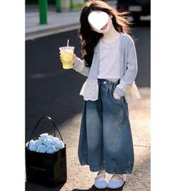 2026新款女童春装套装森系针织宝宝外套儿童新款花边拼接开衫牛仔